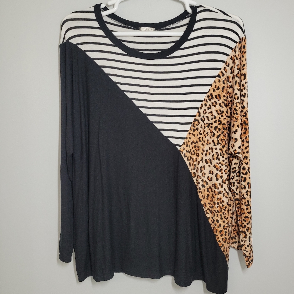 e.Luna Color Block Long Sleeve Blouse Black, Leopard, White EUC 2x